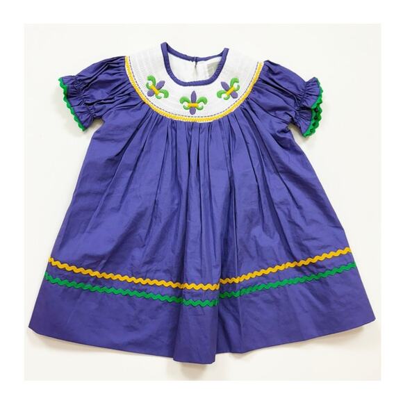 Lil Cactus Purple Mardi Gras Smocked Bishop Dress - Picture 1 of 9